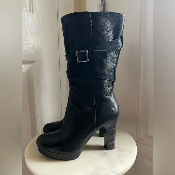 UGG Jardin Platform Boots Black Leather Buckle Straps Side Zip - Picture 4 of 12